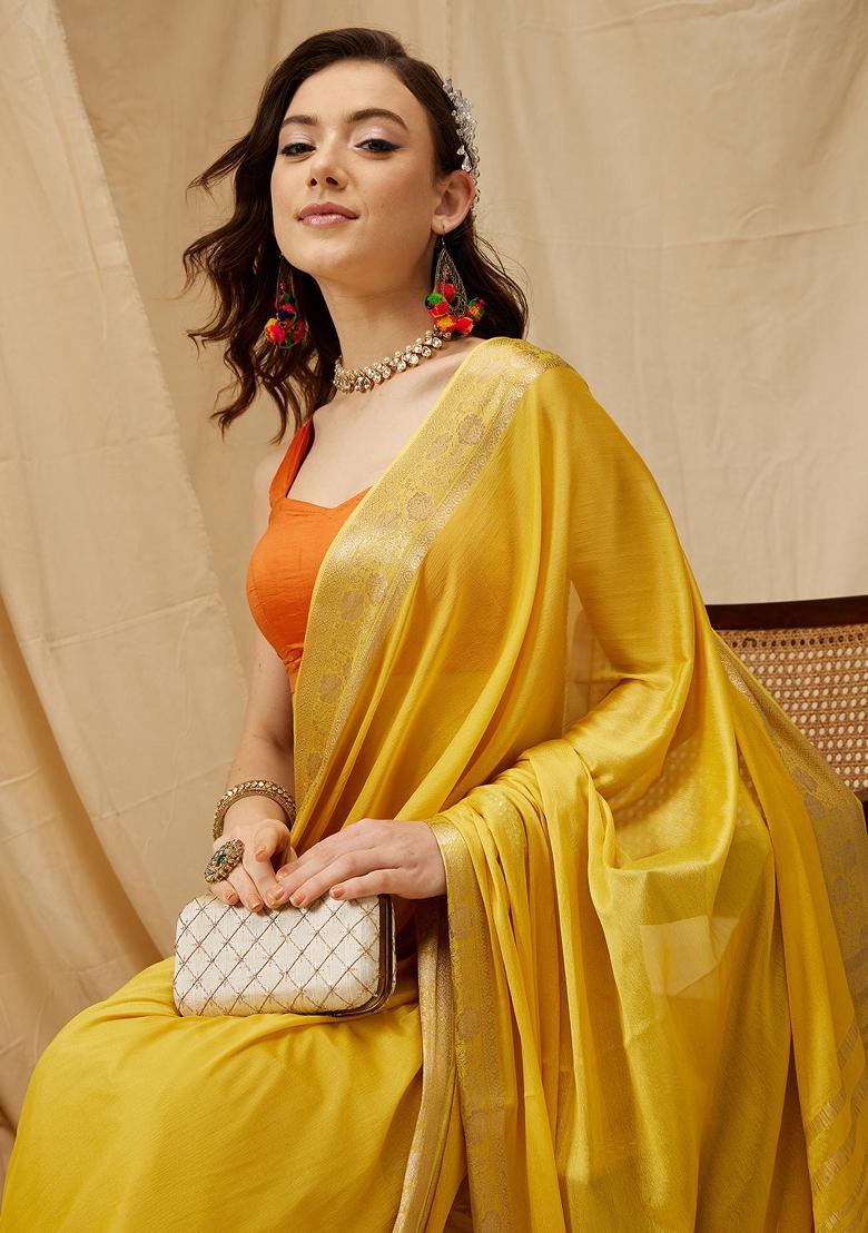 Yellow Solid Pure Viscose Chinon Saree