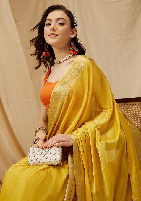 Yellow Solid Pure Viscose Chinon Saree