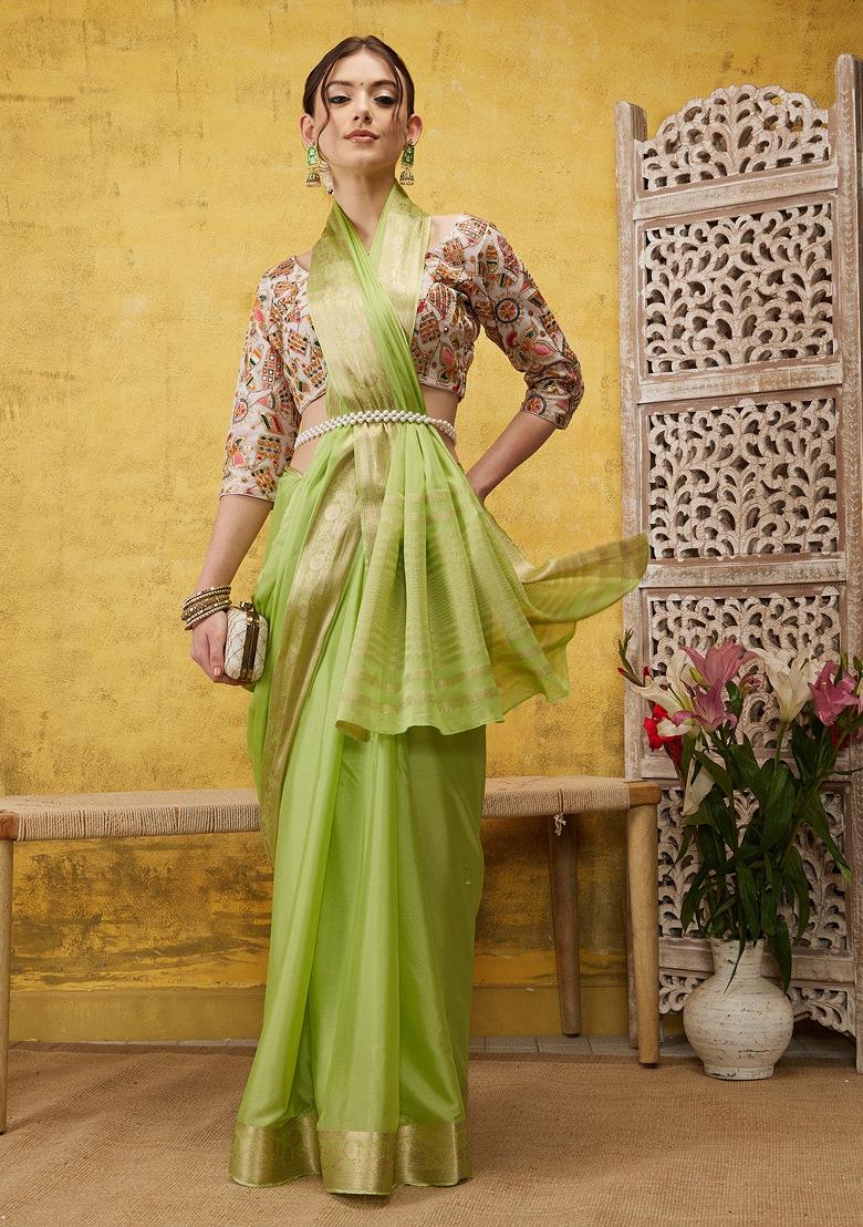 Green Solid Pure Viscose Chinon Saree