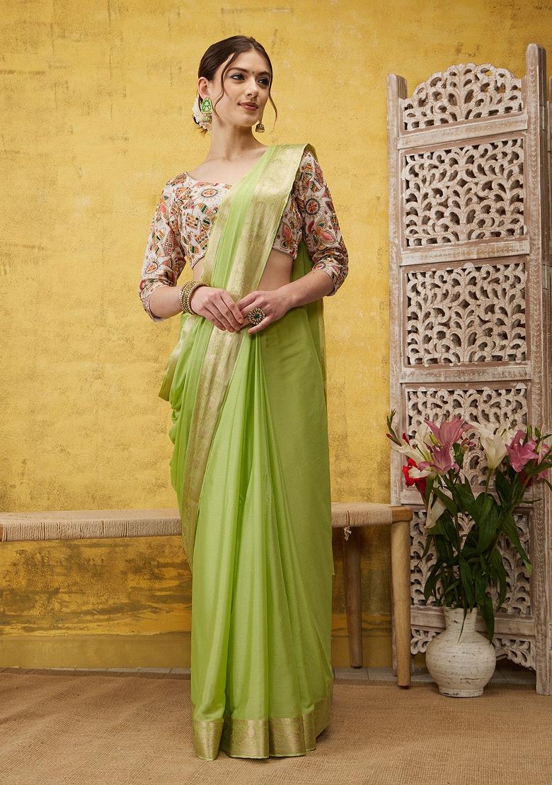Green Solid Pure Viscose Chinon Saree