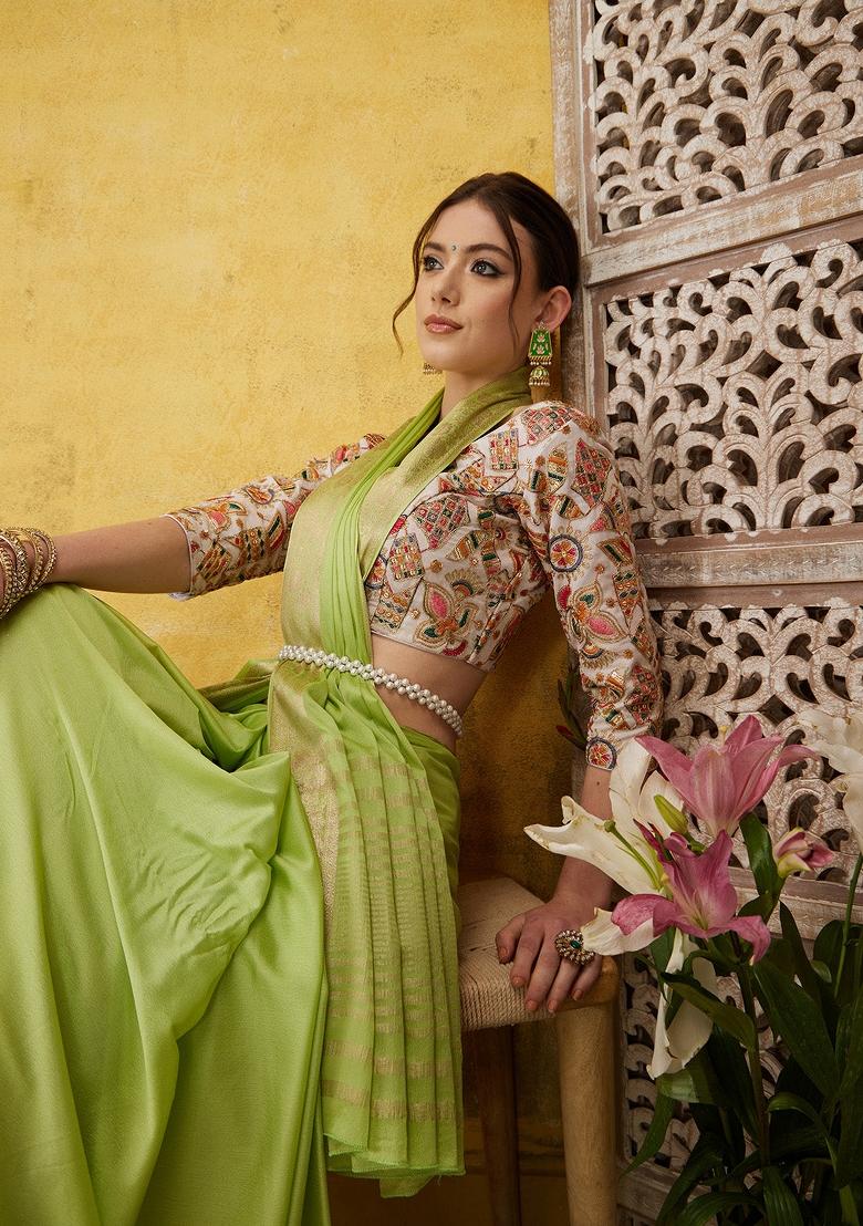 Green Solid Pure Viscose Chinon Saree