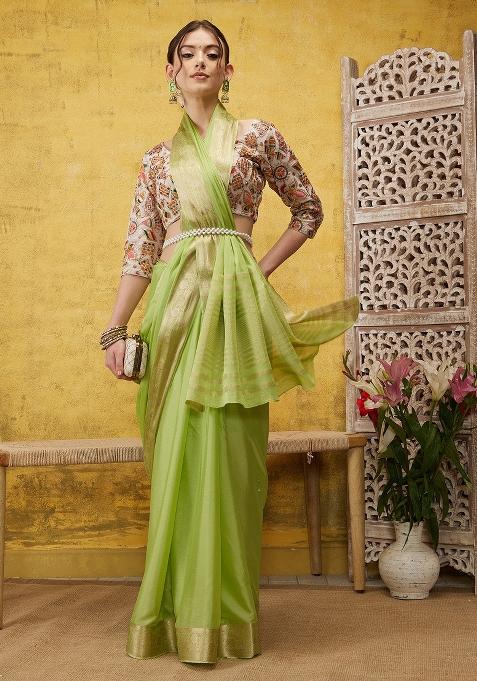 Green Solid Pure Viscose Chinon Saree