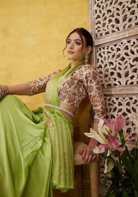 Green Solid Pure Viscose Chinon Saree