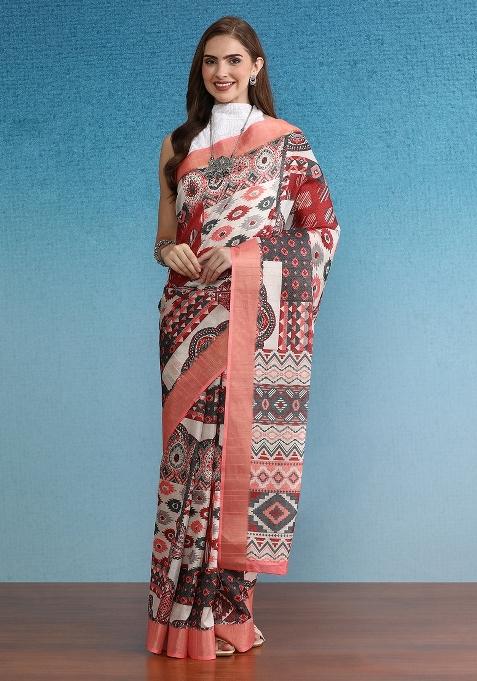 Multicolor Printed Tusser Silk Saree