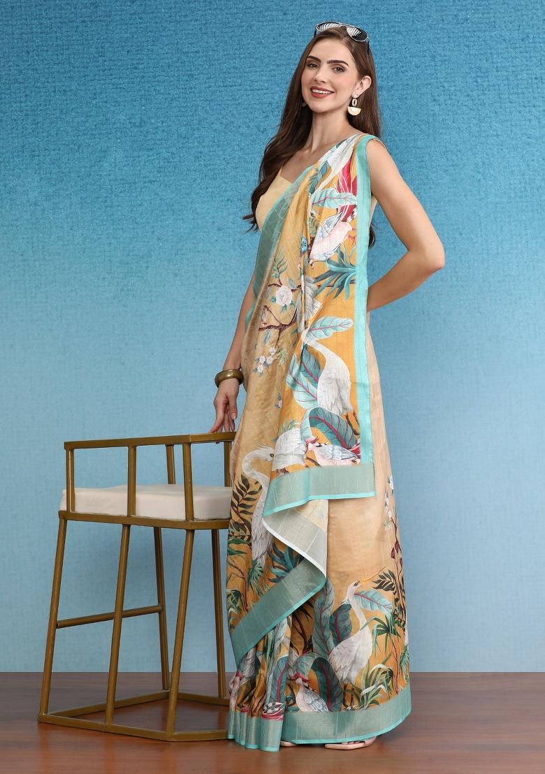 Beige Printed Tusser Silk Saree