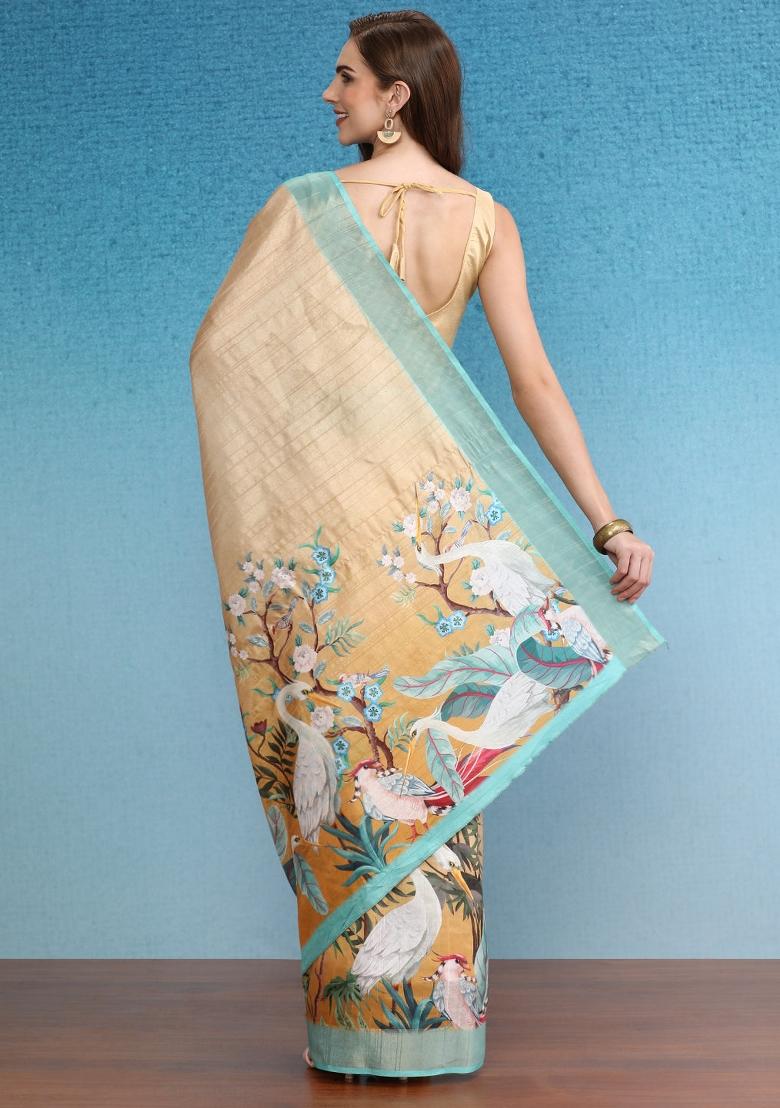 Beige Printed Tusser Silk Saree
