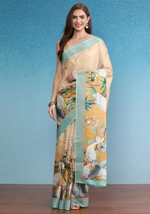Beige Printed Tusser Silk Saree