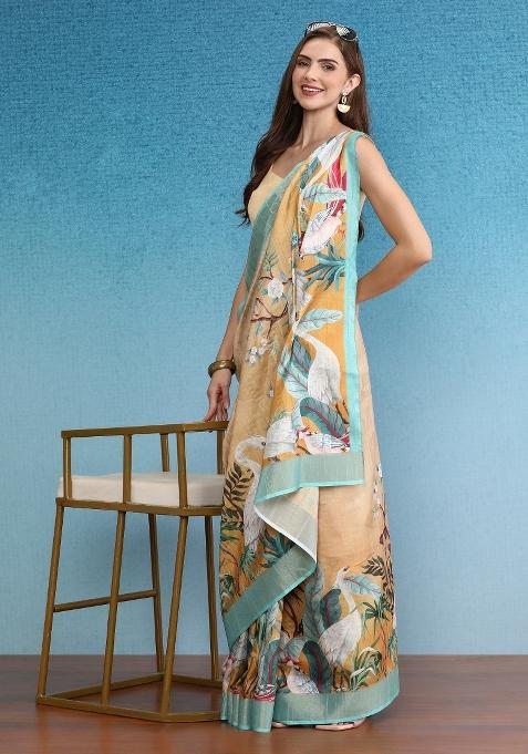 Beige Printed Tusser Silk Saree