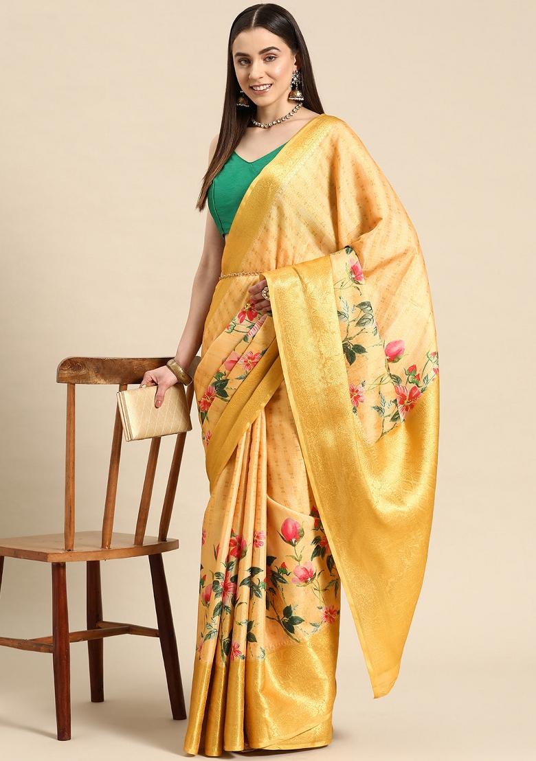 Yellow Printed Tissue Silk Saree