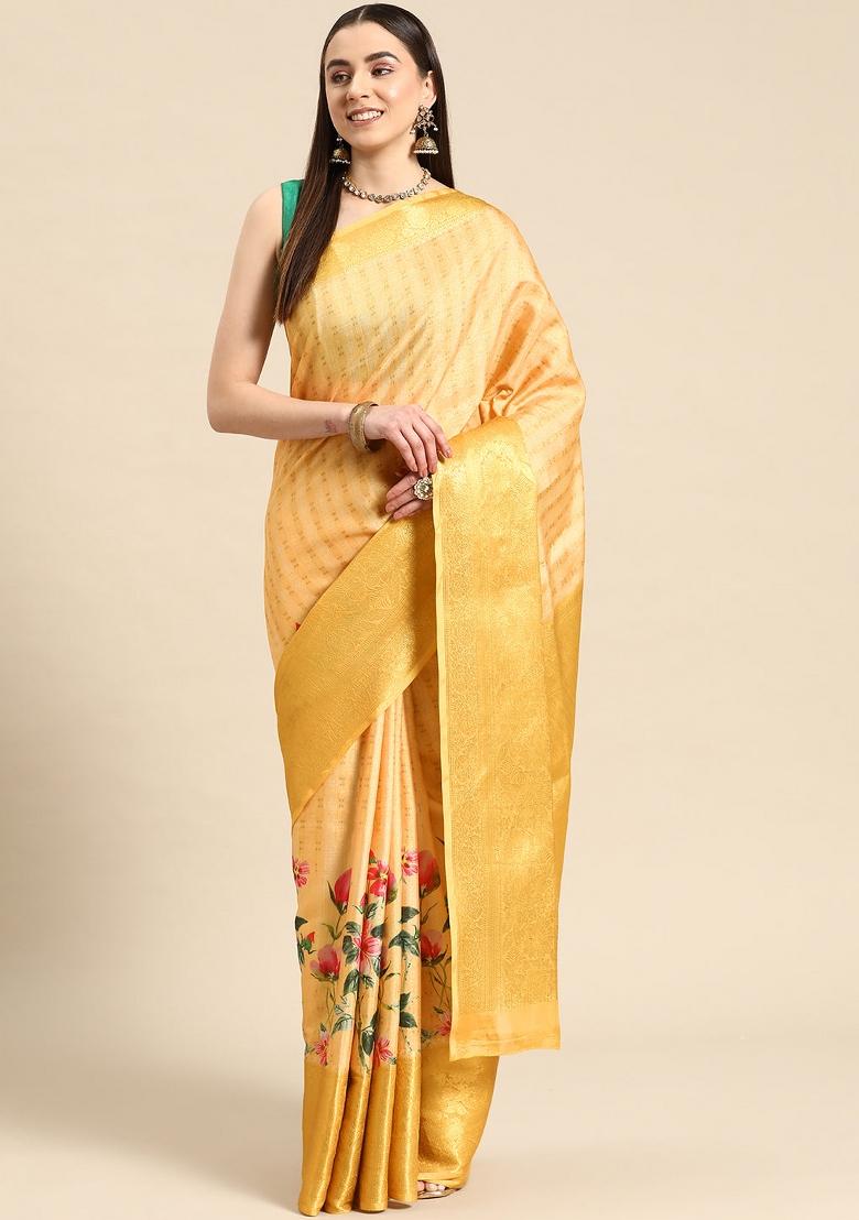 Yellow Printed Tissue Silk Saree