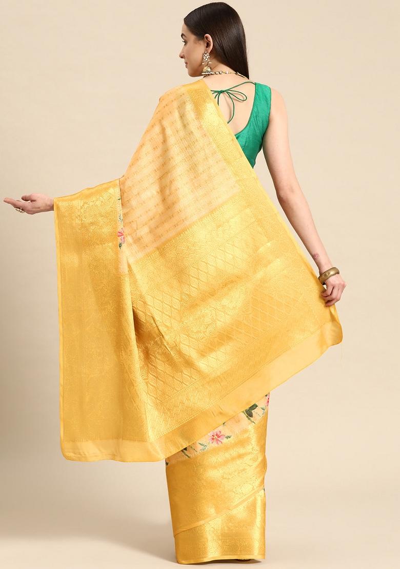 Yellow Printed Tissue Silk Saree