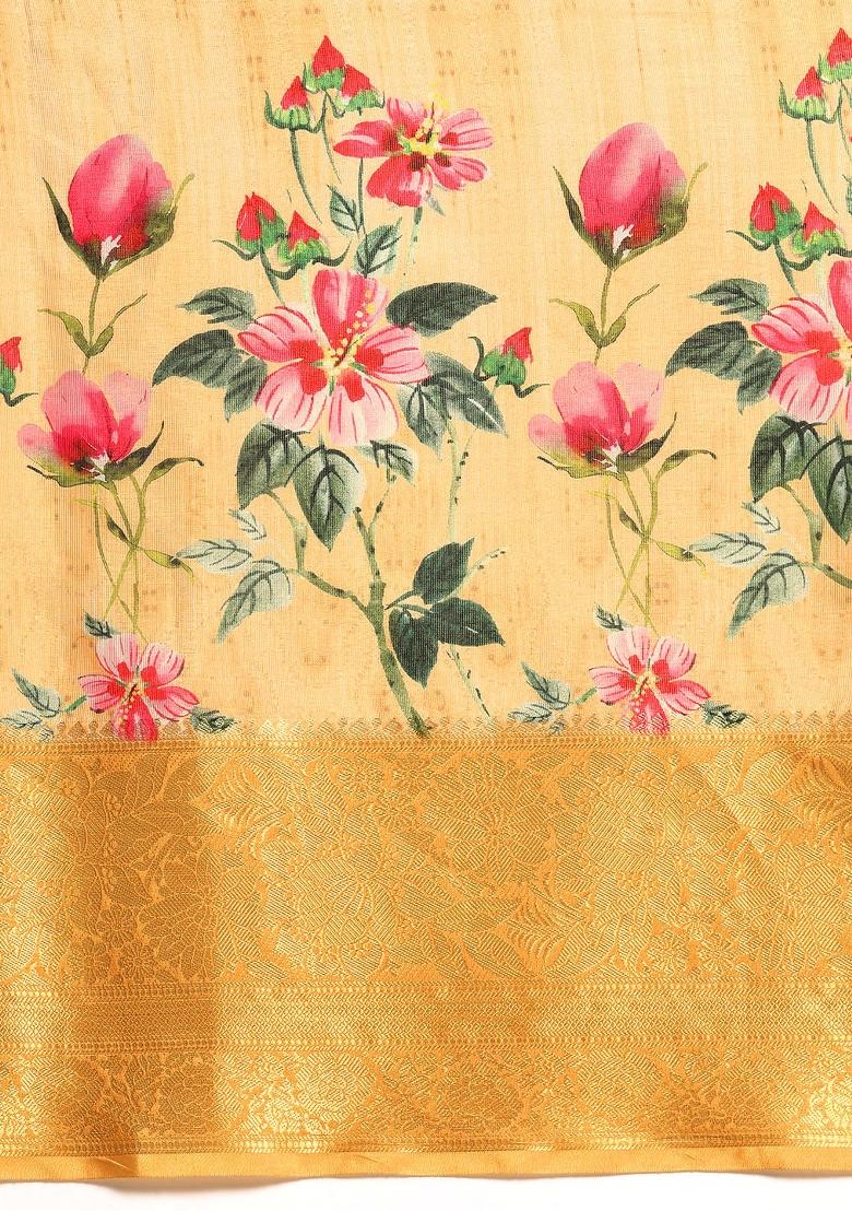 Yellow Printed Tissue Silk Saree