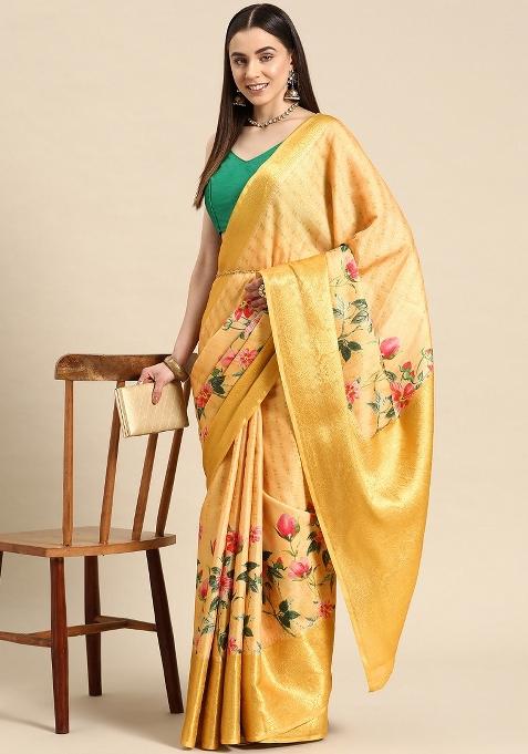 Yellow Printed Tissue Silk Saree
