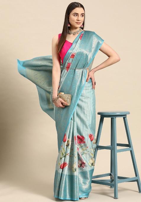 Blue Printed Tissue Silk Saree