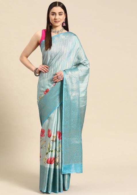 Blue Printed Tissue Silk Saree