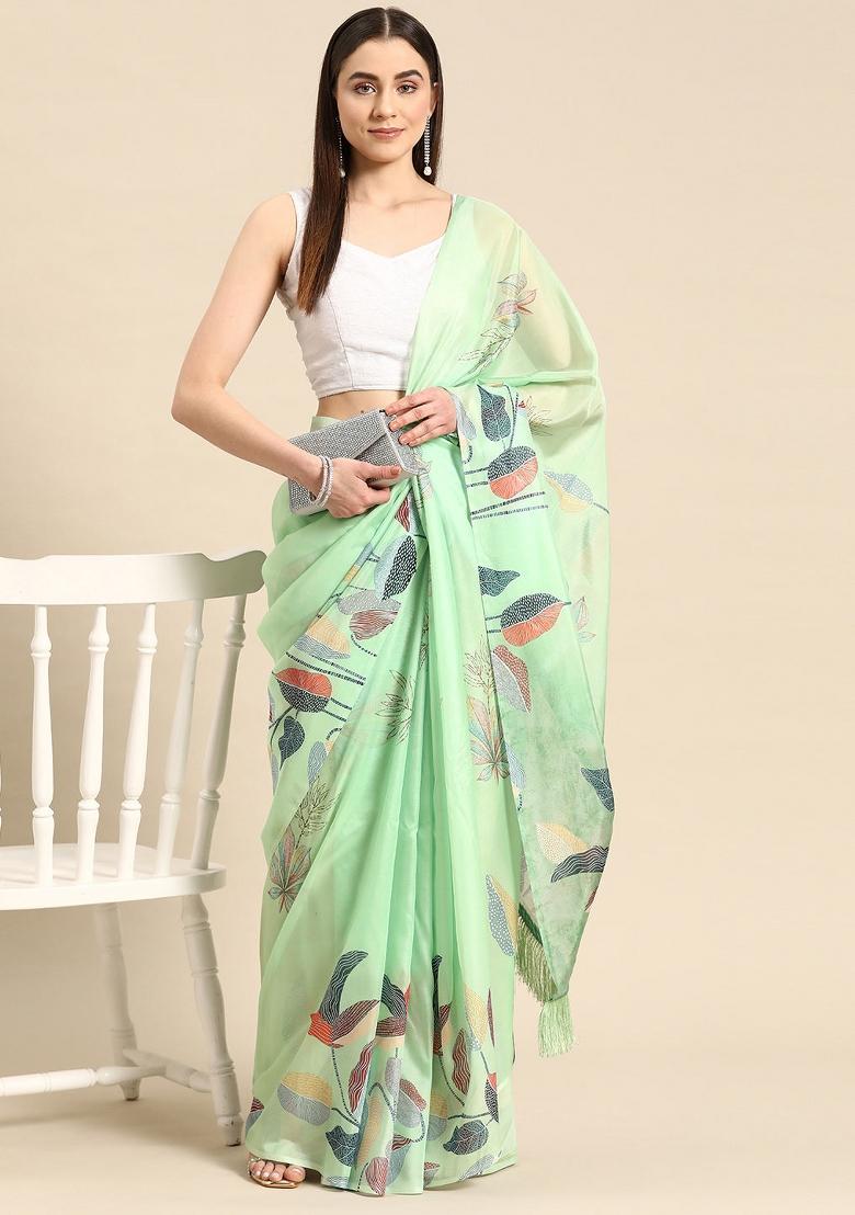 Green Printed Silk Blend Saree