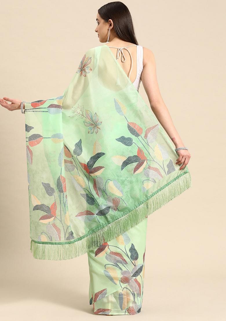Green Printed Silk Blend Saree
