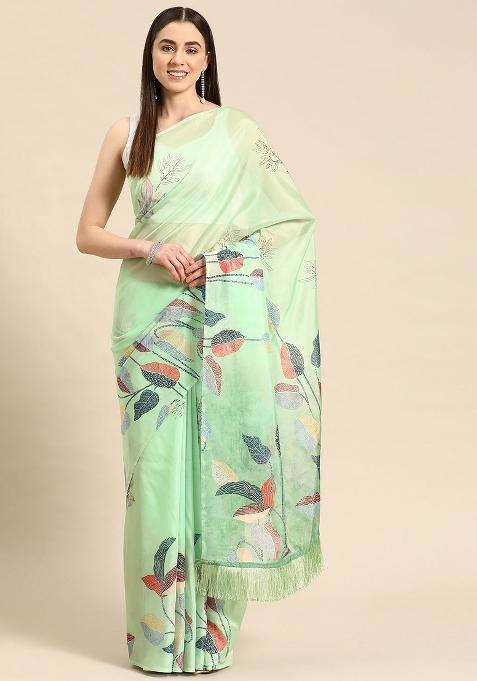 Green Printed Silk Blend Saree