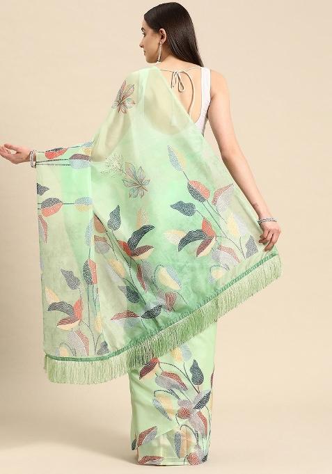 Green Printed Silk Blend Saree