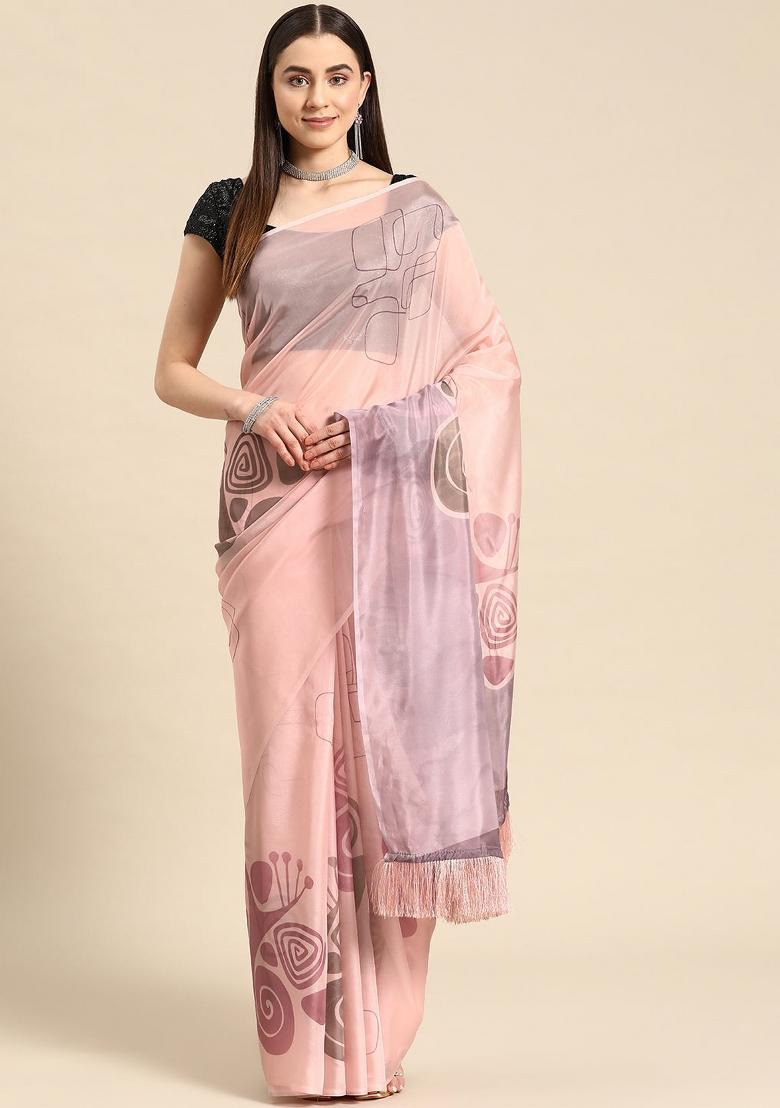 Peach Printed Silk Blend Saree