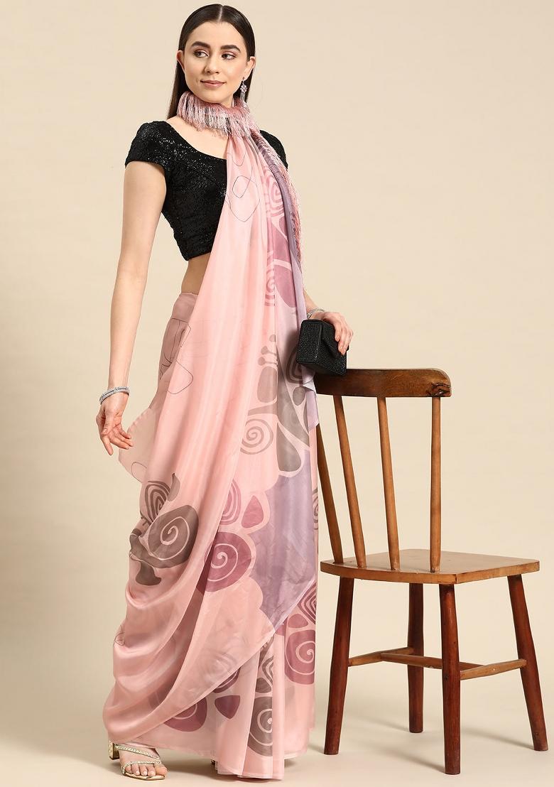 Peach Printed Silk Blend Saree