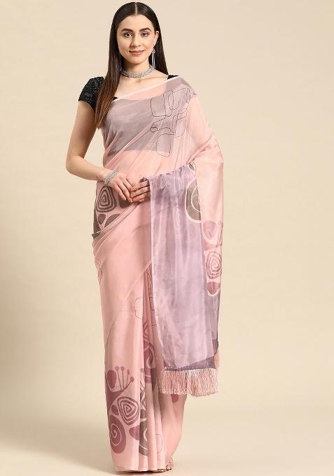Peach Printed Silk Blend Saree