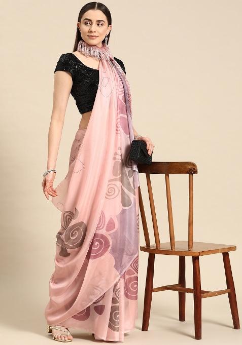 Peach Printed Silk Blend Saree
