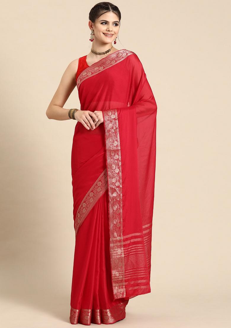 Red Solid Pure Viscose Chinon Saree