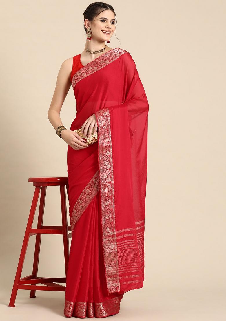 Red Solid Pure Viscose Chinon Saree