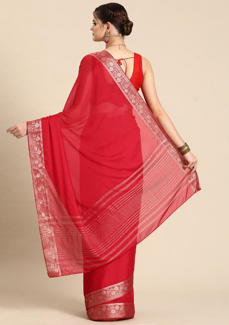 Red Solid Pure Viscose Chinon Saree