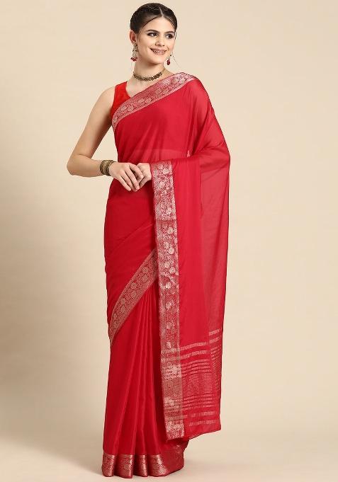 Red Solid Pure Viscose Chinon Saree