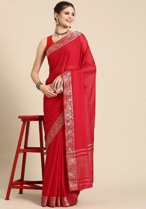Red Solid Pure Viscose Chinon Saree