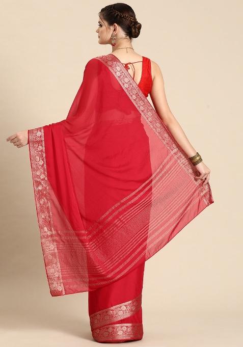 Red Solid Pure Viscose Chinon Saree