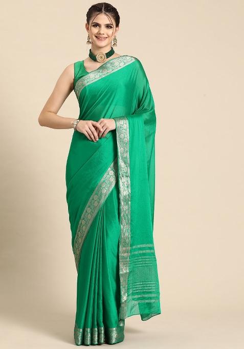Green Solid Pure Viscose Chinon Saree