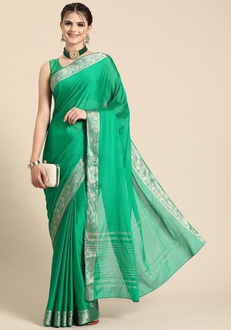 Green Solid Pure Viscose Chinon Saree
