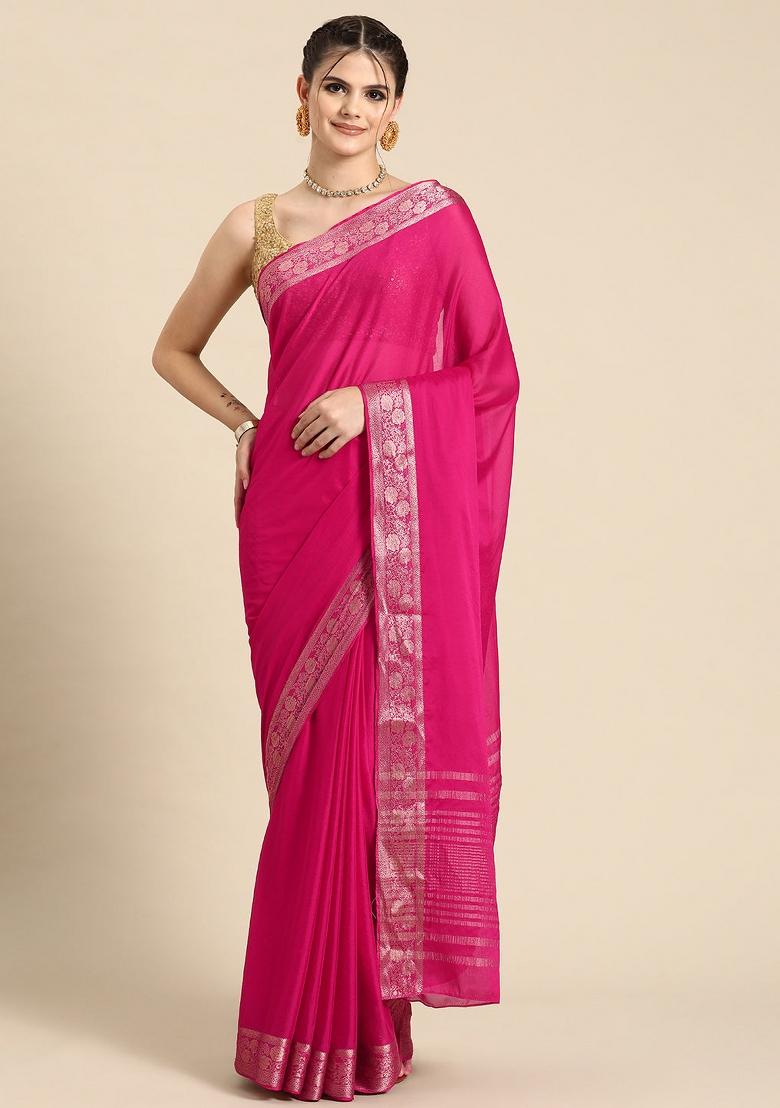 Pink Solid Pure Viscose Chinon Saree