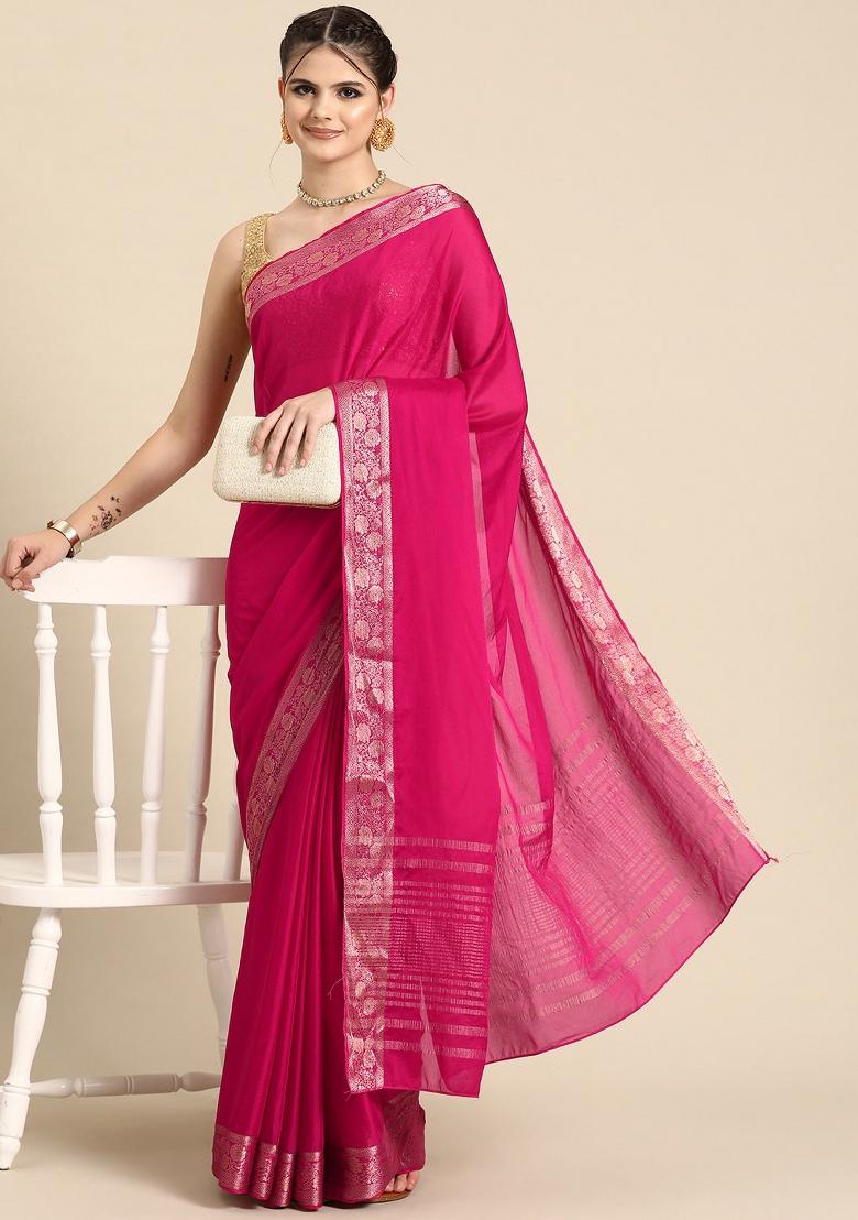 Pink Solid Pure Viscose Chinon Saree