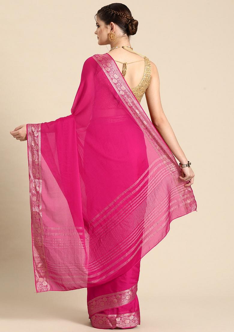 Pink Solid Pure Viscose Chinon Saree