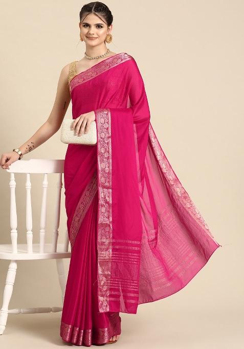 Pink Solid Pure Viscose Chinon Saree