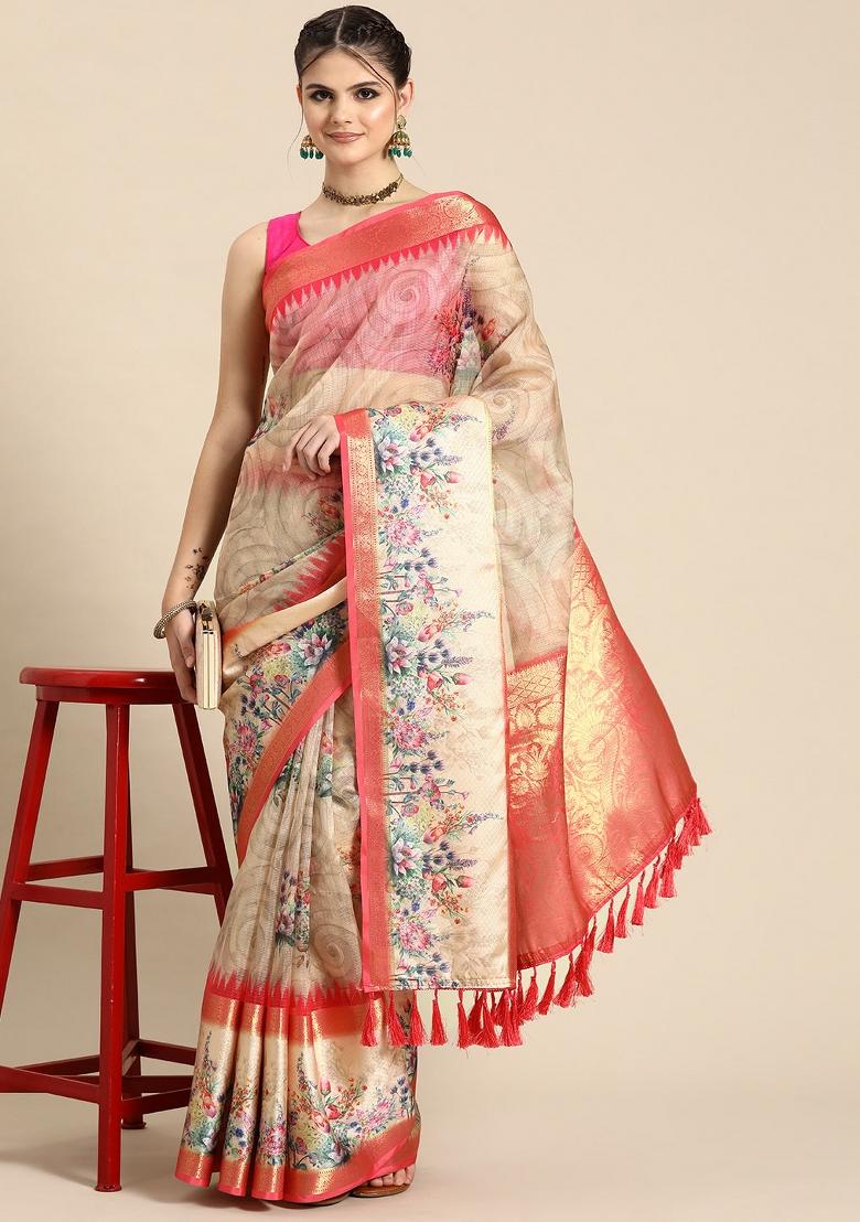 Peach Printed Kanjeevaram Silk Saree