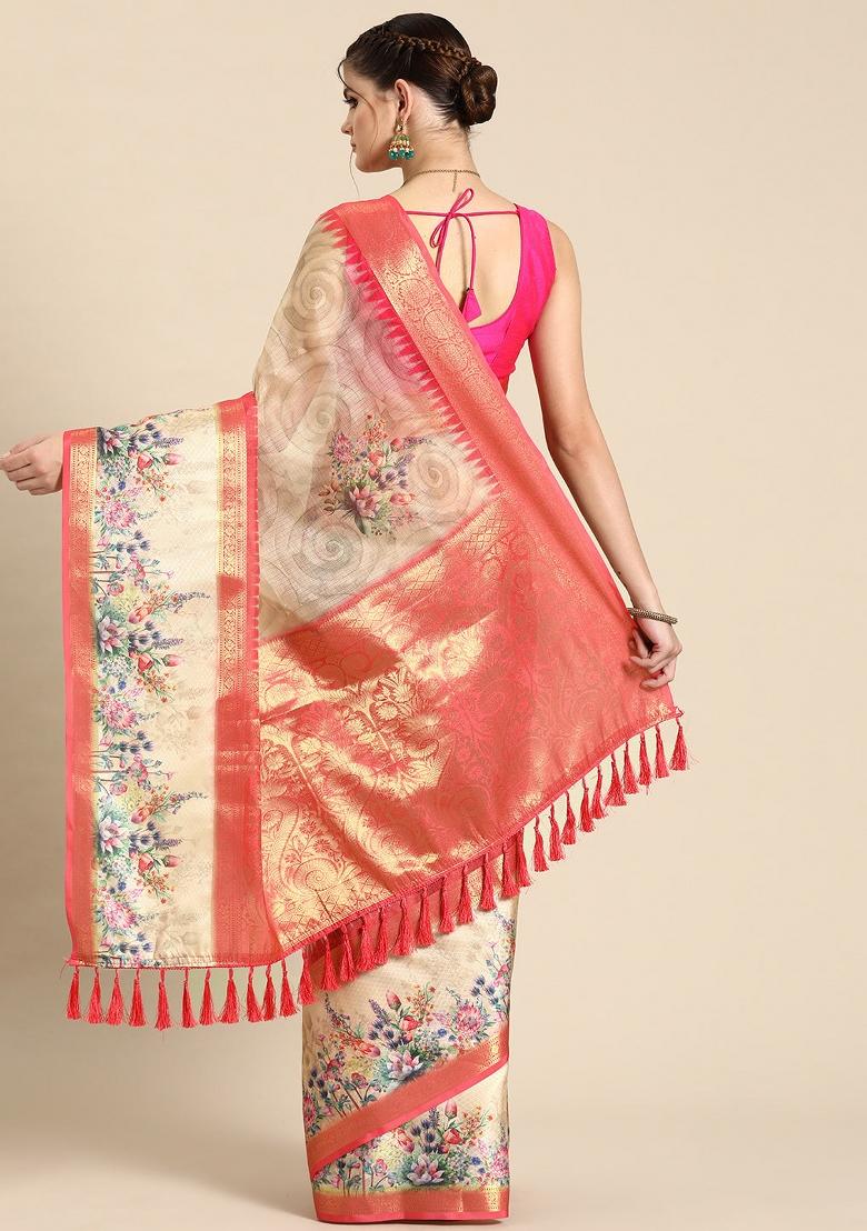 Peach Printed Kanjeevaram Silk Saree