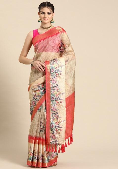 Peach Printed Kanjeevaram Silk Saree