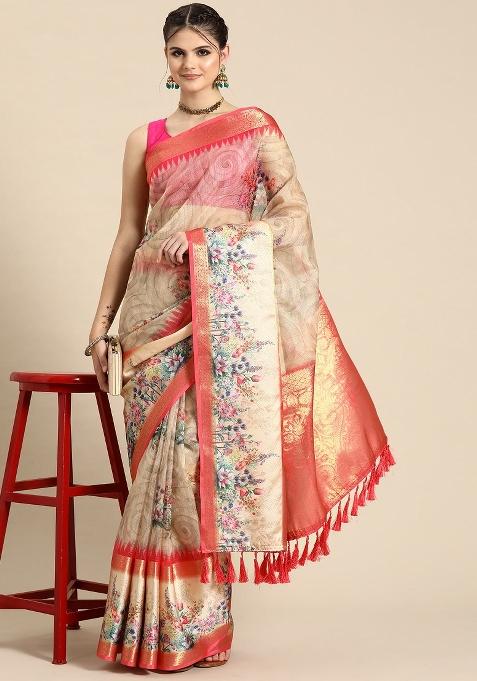 Peach Printed Kanjeevaram Silk Saree