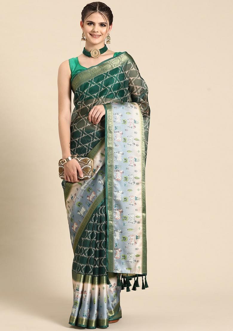 Green Printed Kanjeevaram Silk Saree