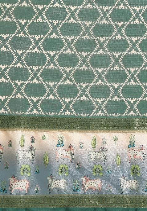 Green Printed Kanjeevaram Silk Saree