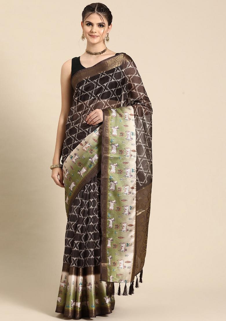 Brown Printed Kanjeevaram Silk Saree