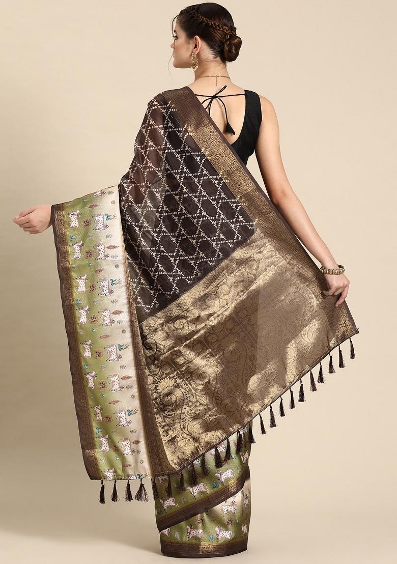 Brown Printed Kanjeevaram Silk Saree