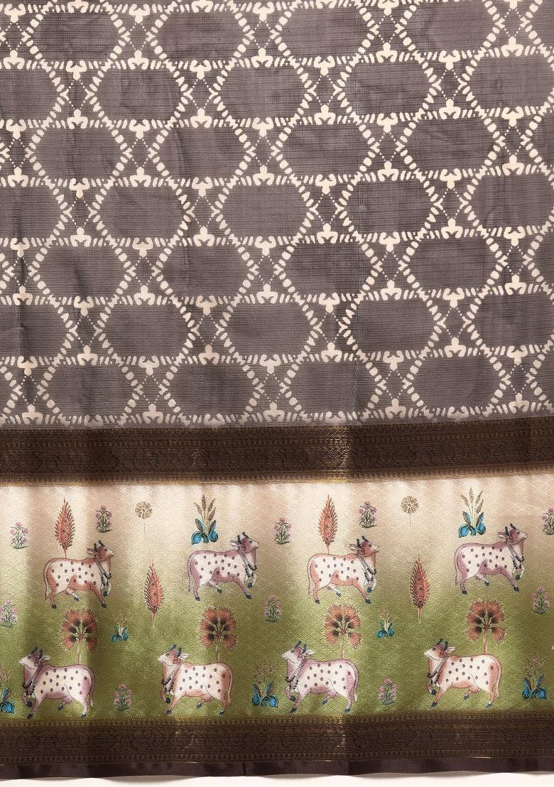 Brown Printed Kanjeevaram Silk Saree