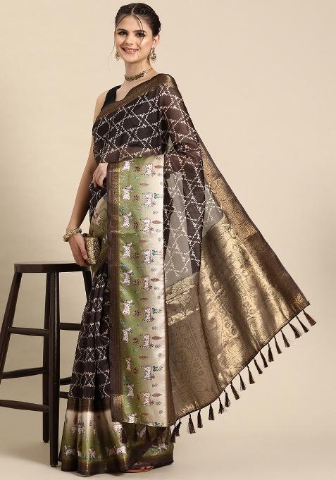 Brown Printed Kanjeevaram Silk Saree