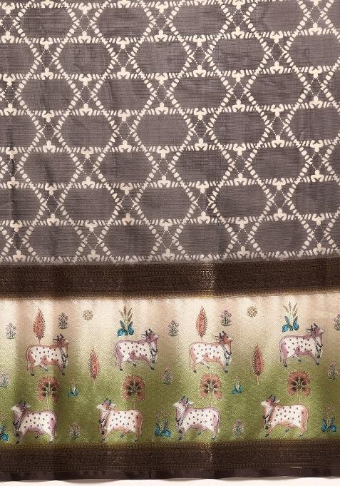 Brown Printed Kanjeevaram Silk Saree